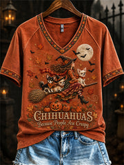 Women's Chihuahuas Because People Are Creepy Fall Witch & Dogs Print short-sleeved T-shirt gracestitchs