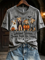 Women's Lakeland Terriers Because People Are Creepy Halloween Dogs Print short-sleeved T-shirt gracestitchs