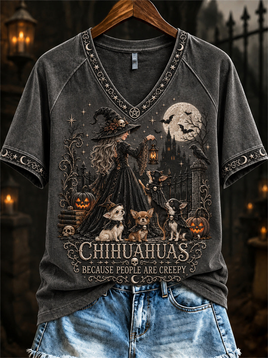 Women's Chihuahuas Because People Are Creepy Halloween Witch & Dogs Print short-sleeved T-shirt gracestitchs