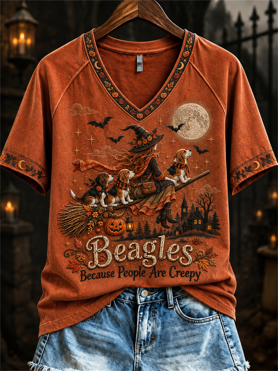 Women's Beagles Because People Are Creepy Fall Witch & Dogs Print short-sleeved T-shirt gracestitchs