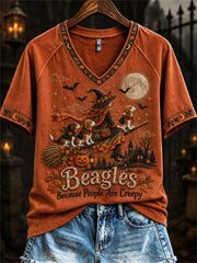 Women's Beagles Because People Are Creepy Fall Witch & Dogs Print short-sleeved T-shirt gracestitchs