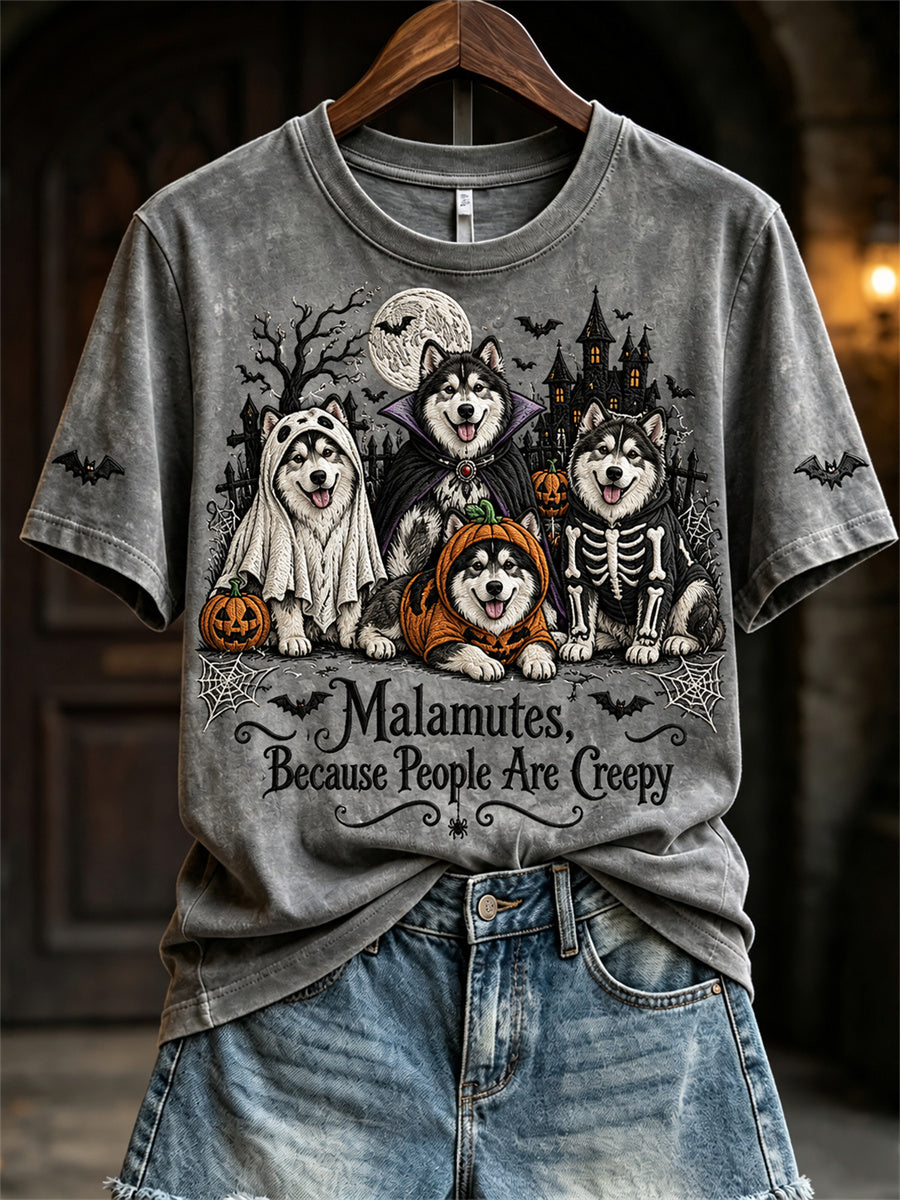Women's Malamutes Because People Are Creepy Halloween Dogs Print short-sleeved T-shirt gracestitchs