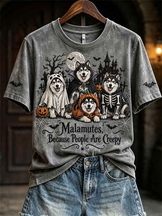 Women's Malamutes Because People Are Creepy Halloween Dogs Print short-sleeved T-shirt