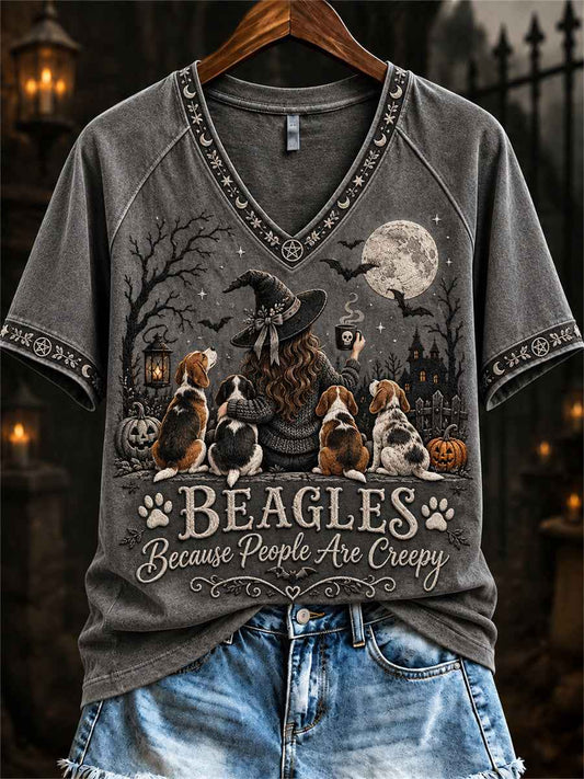 Women's Beagles Because People Are Creepy Halloween Witch & Dogs Print short-sleeved T-shirt