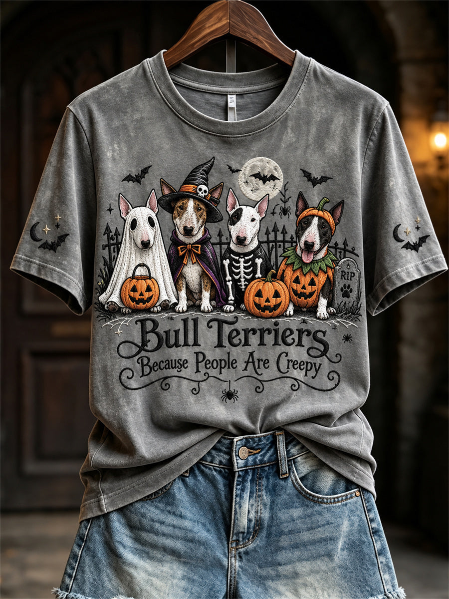 Women's Bull Terriers Because People Are Creepy Halloween Dogs Print short-sleeved T-shirt gracestitchs