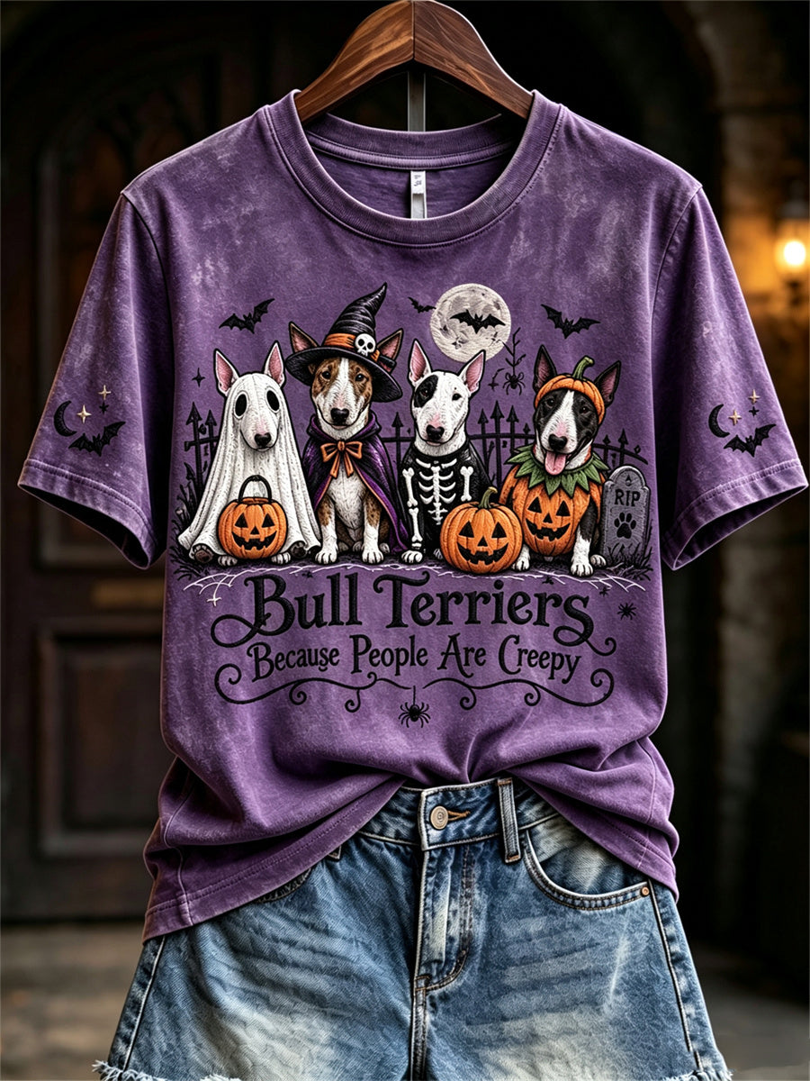 Women's Bull Terriers Because People Are Creepy Halloween Dogs Print short-sleeved T-shirt gracestitchs