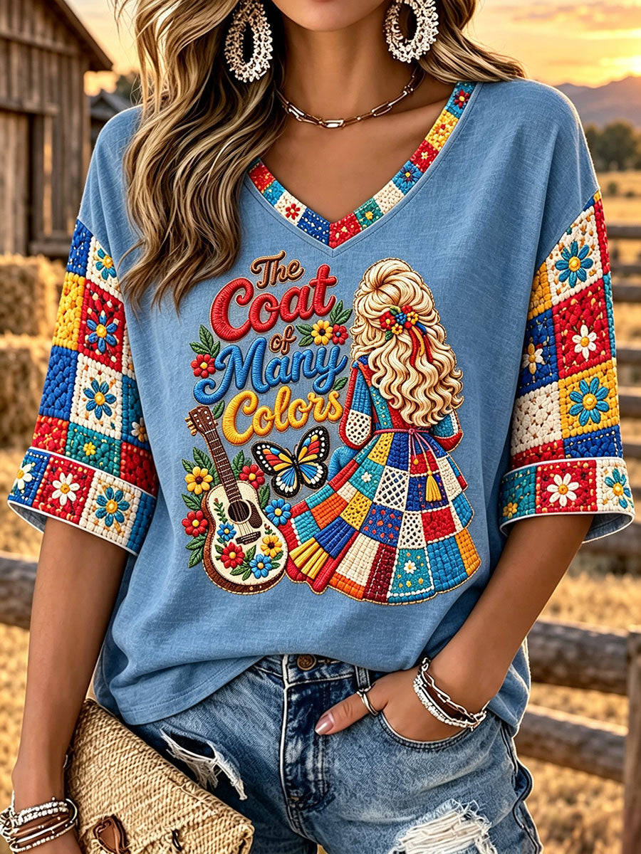 Women's "Coat of Many Colors" Country Music V-Neck T-Shirts gracestitchs