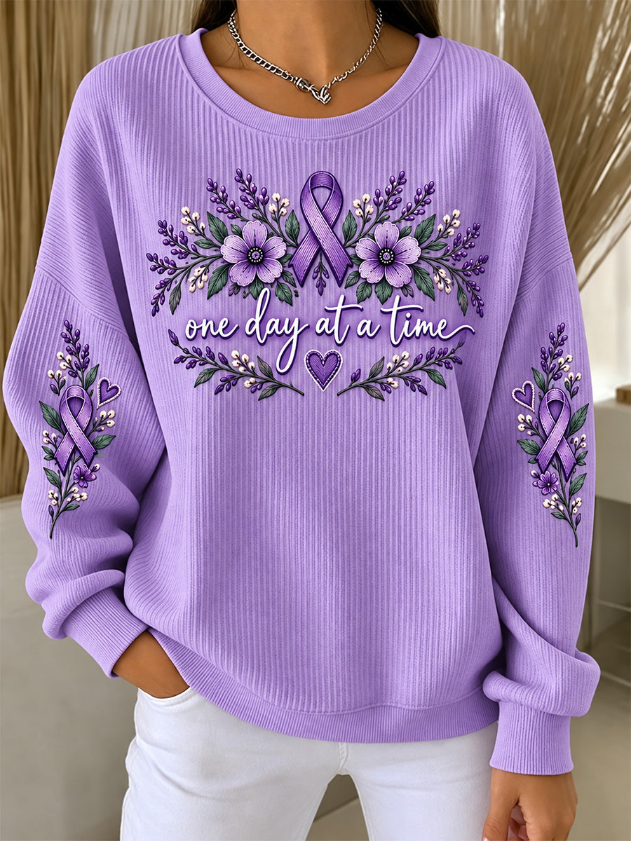 Women's Purple Floral & Alzheimer's Awareness Support Print Ribbed Round-Neck Sweatshirt gracestitchs