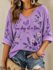 Women's Purple Floral & Alzheimer's Awareness Support Print V-Neck Top gracestitchs