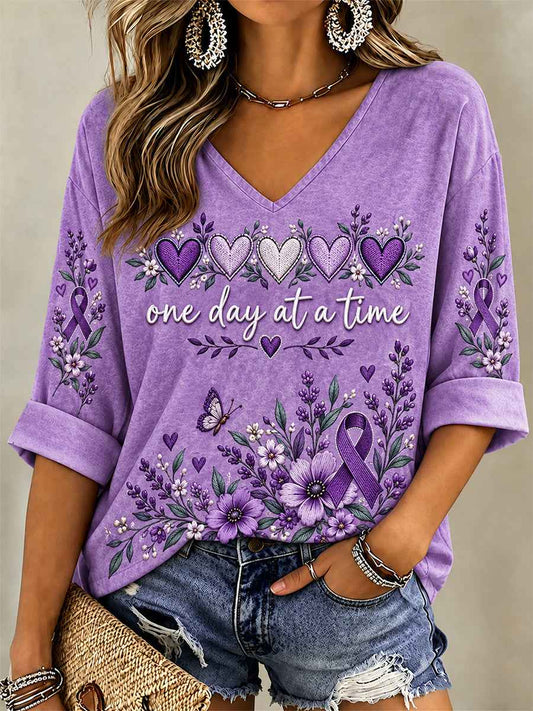 Women's Purple Floral & Alzheimer's Awareness Support Print V-Neck Top