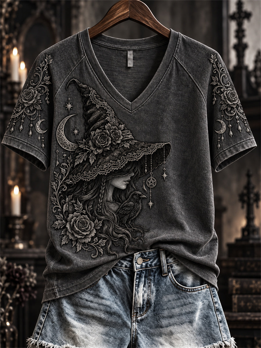 Women's Halloween Gothic Witch Lace Art Print short-sleeved T-shirt gracestitchs