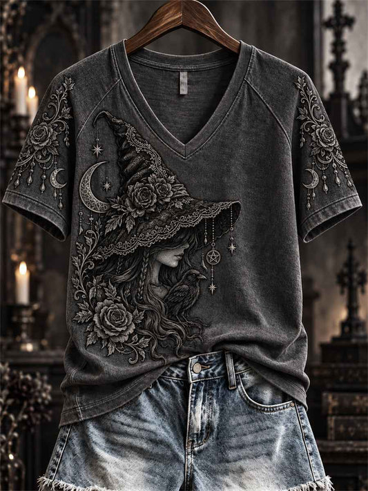 Women's Halloween Gothic Witch Lace Art Print short-sleeved T-shirt