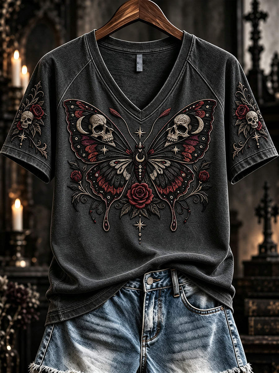 Women's Vintage Gothic Skull Butterfly Print V-neck Short-sleeved T-shirt gracestitchs