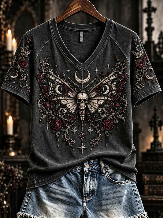 Women's Vintage Gothic Skull Butterfly Print V-neck Short-sleeved T-shirt