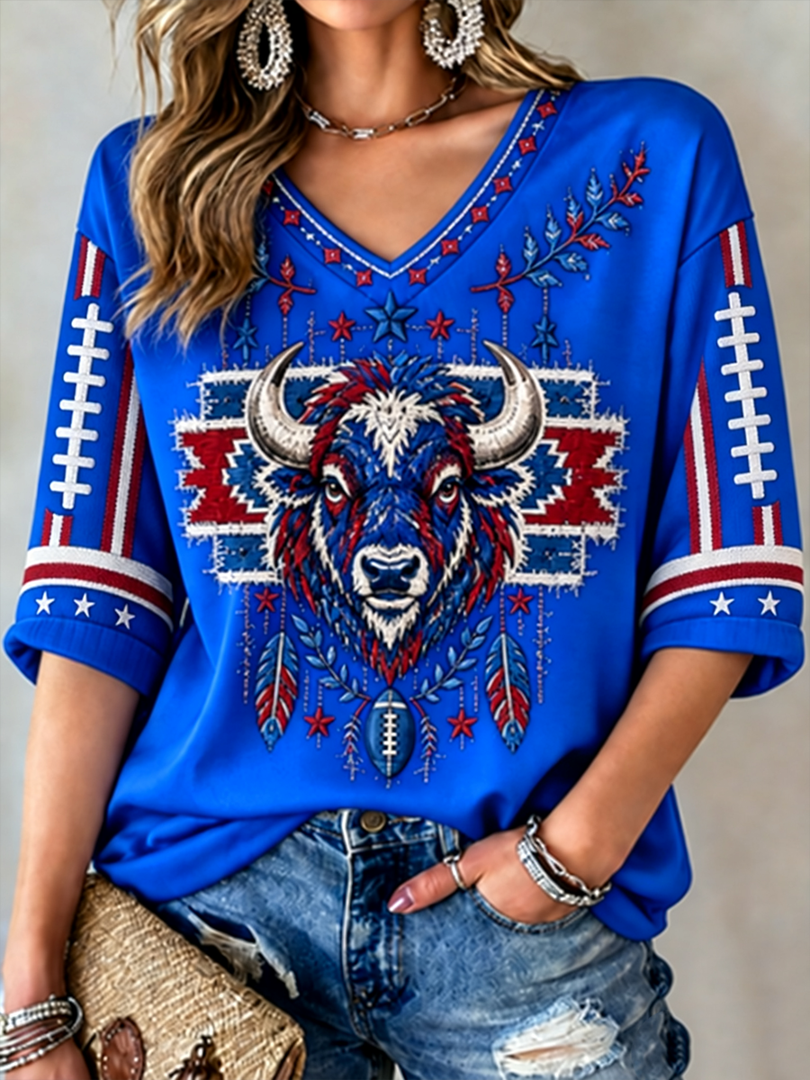 Women's Football Lover Bulls Be Good Art Printed Mid-length Sleeves V-Neck T-Shirt gracestitchs