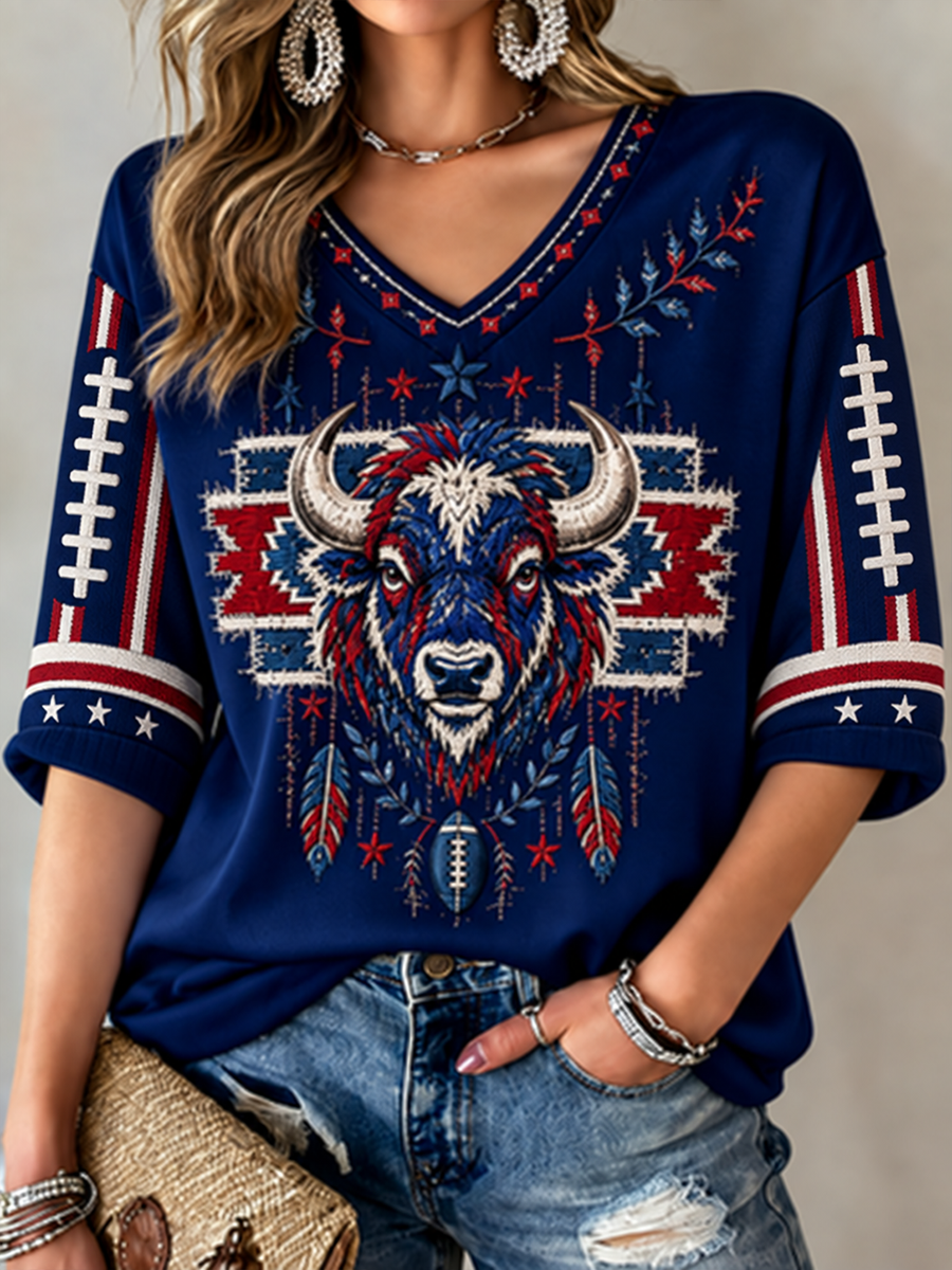Women's Football Lover Bulls Be Good Art Printed Mid-length Sleeves V-Neck T-Shirt gracestitchs