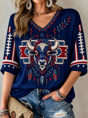 Women's Football Lover Bulls Be Good Art Printed Mid-length Sleeves V-Neck T-Shirt gracestitchs