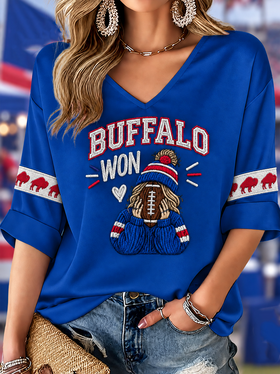 Women's Football Lover Bulls Be Good Art Printed Mid-length Sleeves V-Neck T-Shirt gracestitchs
