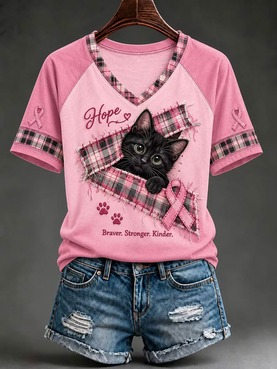 Women's Breast Cancer Awareness Black Cat Print V-neck T-shirt gracestitchs