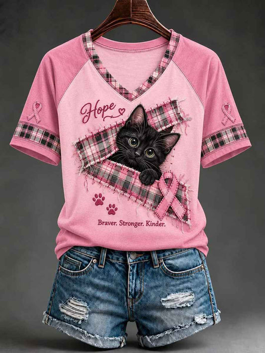 Women's Breast Cancer Awareness Black Cat Print V-neck T-shirt