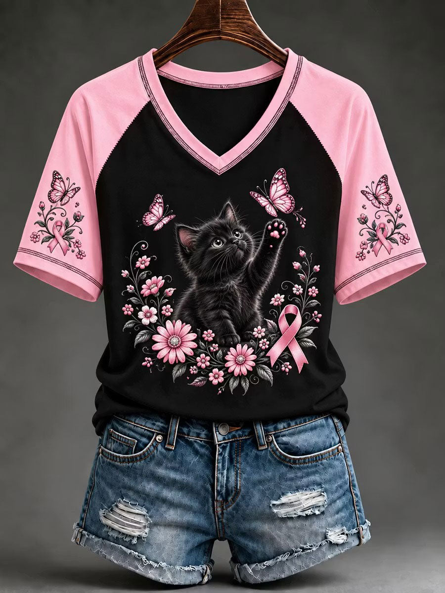 Women's Breast Cancer Awareness Black Cat Print V-neck T-shirt gracestitchs