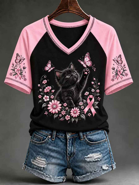 Women's Breast Cancer Awareness Black Cat Print V-neck T-shirt
