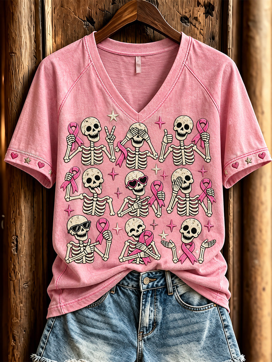Women's Pink Ribbon Skeleton Print V-neck Short-sleeved T-shirt gracestitchs