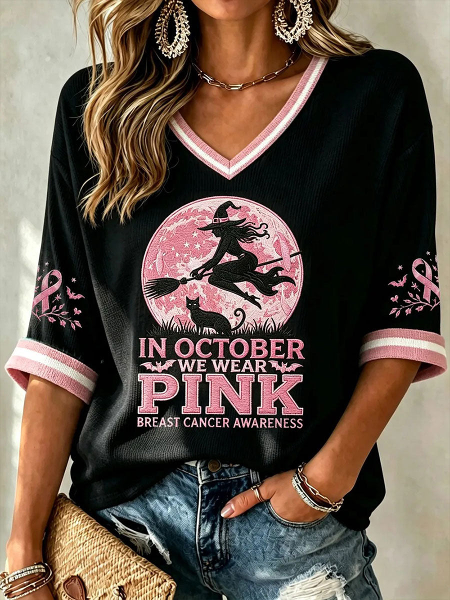 Women's In October We Wear Pink Print Waffle T-shirt gracestitchs