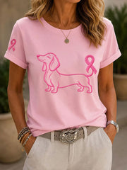 Women's Breast Cancer Awareness Dog Print Casual T-Shirt gracestitchs