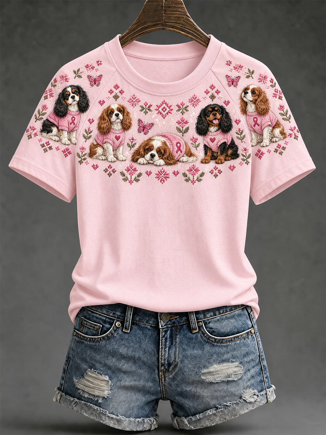Women's Dog Pattern and Pink Charity Ribbon Design Casual  Short sleeve T-shirt gracestitchs