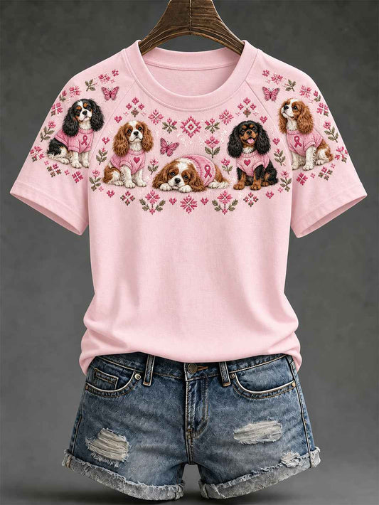 Women's Dog Pattern and Pink Charity Ribbon Design Casual  Short sleeve T-shirt