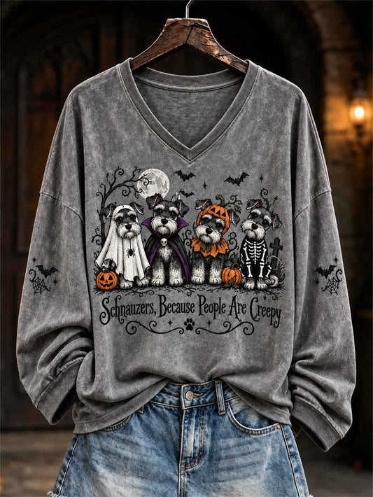 Women's Halloween-Themed Dog Pattern Casual V-Neck T-Shirt