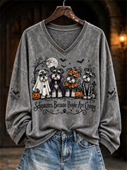 Women's Halloween-Themed Dog Pattern Casual V-Neck T-Shirt gracestitchs