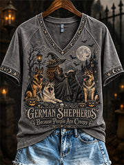 Women's German Shepherds Because People Are Creepy Halloween Witch & Dogs Print short-sleeved T-shirt gracestitchs