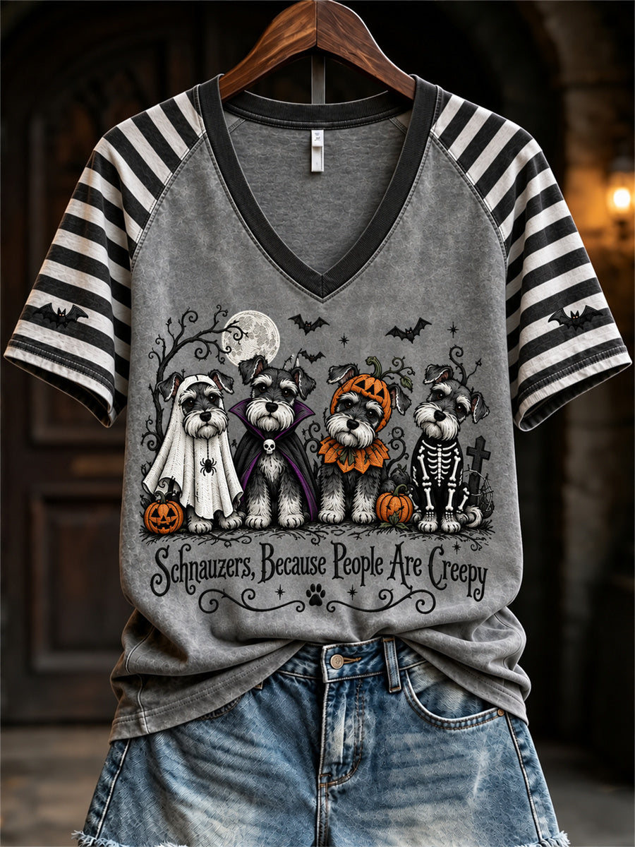 Women's Schnauzers Because People Are Creepy Halloween Dogs Print short-sleeved T-shirt gracestitchs
