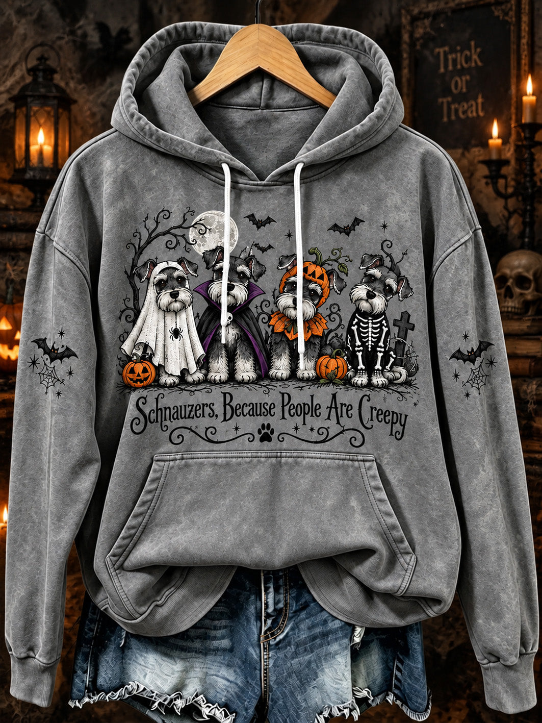 Women's Halloween-Themed Dog Pattern Casual Hoodie gracestitchs