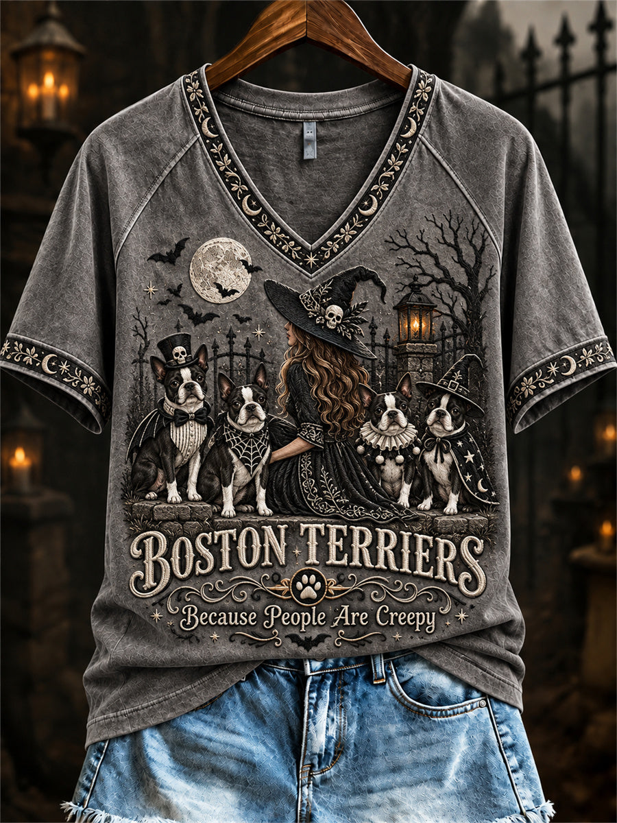 Women's Boston Terriers Because People Are Creepy Halloween Witch & Dogs Print short-sleeved T-shirt gracestitchs