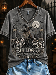 Women's Bulldogs Because People Are Creepy Halloween Witch & Dogs Print short-sleeved T-shirt gracestitchs