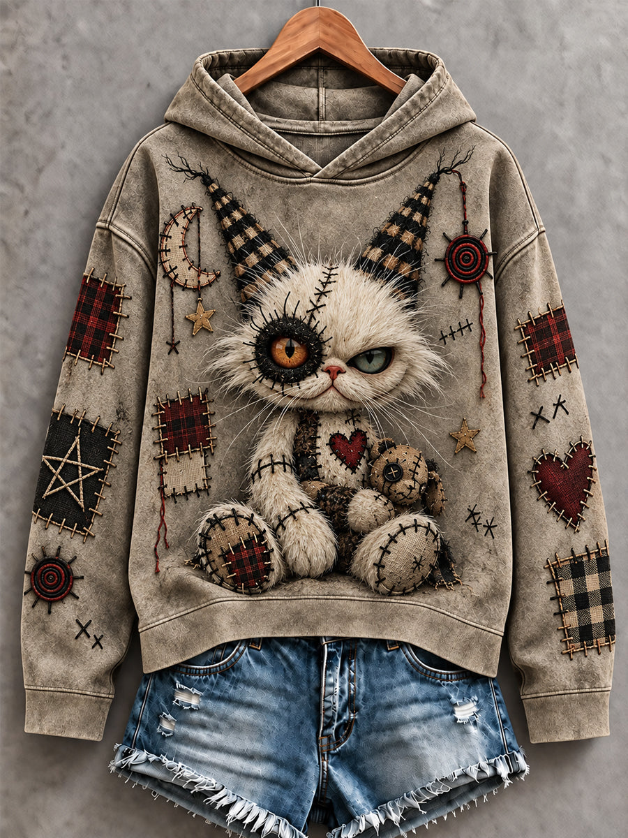 Women's Halloween Creepy Dolls Cat Print Casual Hoodie gracestitchs