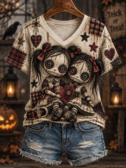 Women's Halloween Creepy Dolls Print Casual V-Neck Tee gracestitchs