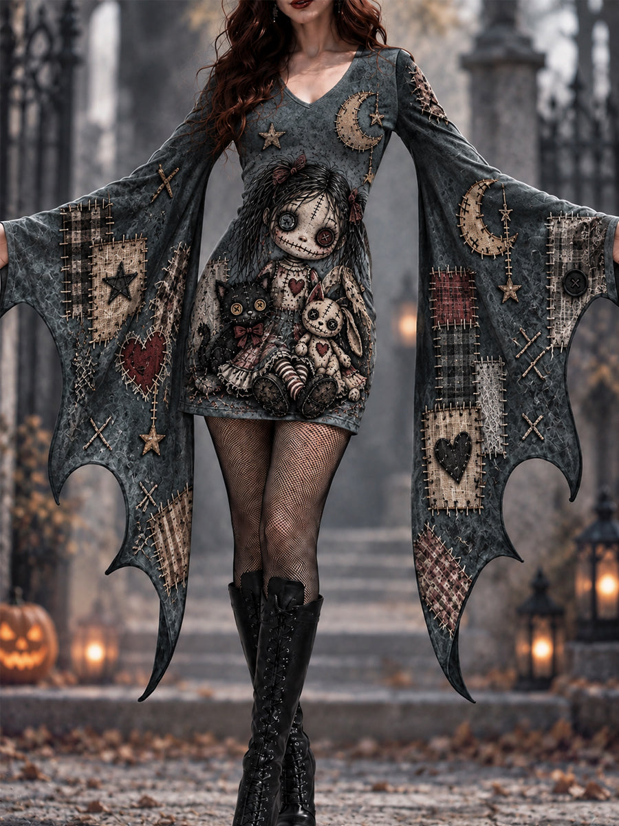 Women's Halloween Creepy Dolls Patchwork Print Bat Sleeve Dress gracestitchs