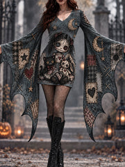 Women's Halloween Creepy Dolls Patchwork Print Bat Sleeve Dress gracestitchs