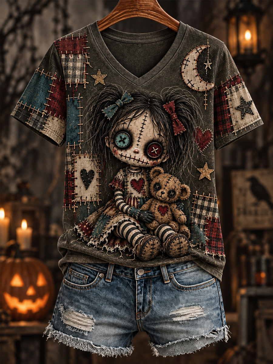 Women's Halloween Creepy Dolls Print Casual V-Neck Tee gracestitchs