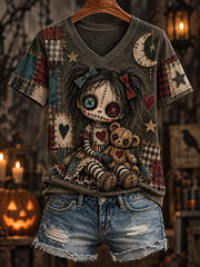 Women's Halloween Creepy Dolls Print Casual V-Neck Tee gracestitchs