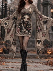 Women's Halloween Creepy Dolls Patchwork Print Bat Sleeve Dress gracestitchs