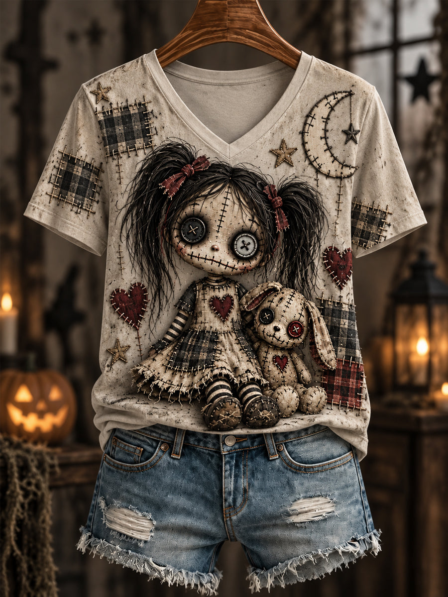 Women's Halloween Creepy Dolls Print Casual V-Neck Tee gracestitchs