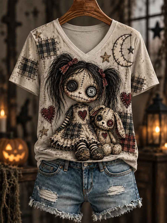 Women's Halloween Creepy Dolls Print Casual V-Neck Tee