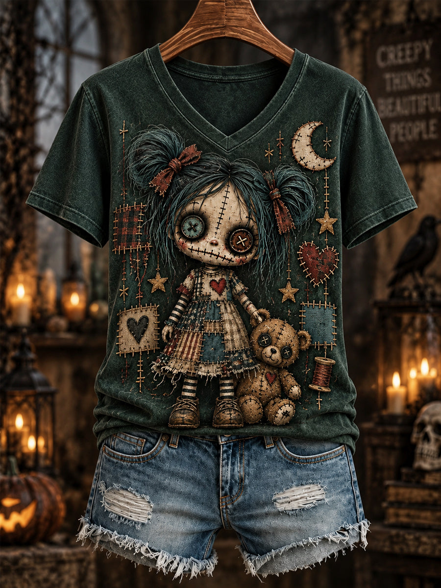 Women's Halloween Creepy Dolls Print Casual V-Neck Tee gracestitchs