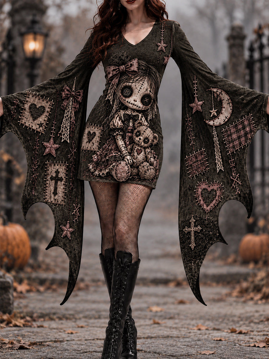Women's Halloween Creepy Dolls Patchwork Print Bat Sleeve Dress gracestitchs