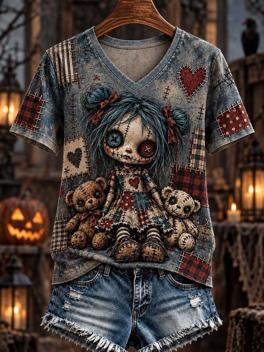 Women's Halloween Creepy Dolls Print Casual V-Neck Tee gracestitchs